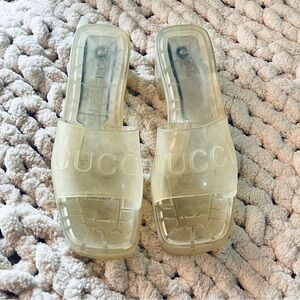 Gucci Transparent Clear Rubber Logo Platform Slide Sandals